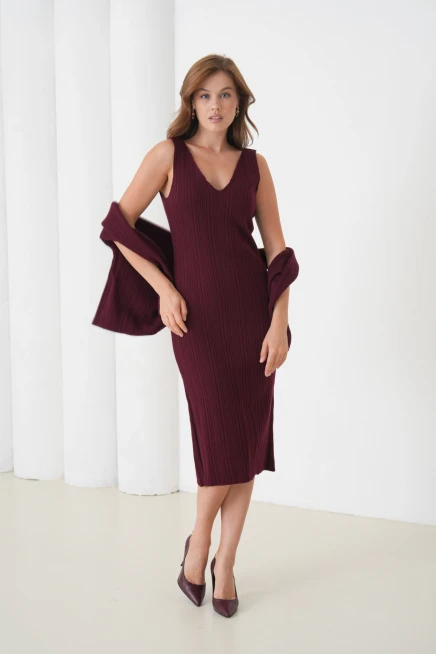 Kadın Bisiklet Yaka Dokulu Kazak Elbise İkili Triko Takım