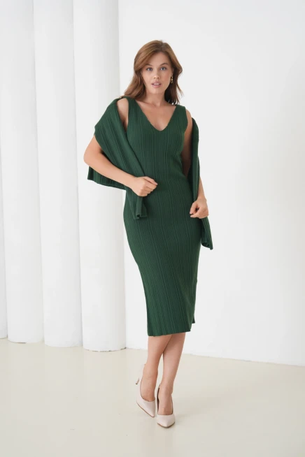 Kadın Bisiklet Yaka Dokulu Kazak Elbise İkili Triko Takım