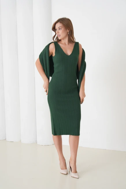 Kadın Bisiklet Yaka Dokulu Kazak Elbise İkili Triko Takım