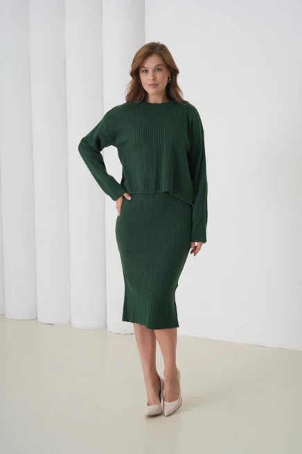 Kadın Bisiklet Yaka Dokulu Kazak Elbise İkili Triko Takım