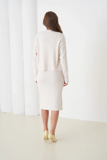 Kadın Bisiklet Yaka Dokulu Kazak Elbise İkili Triko Takım