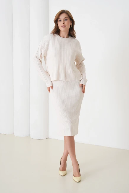 Kadın Bisiklet Yaka Dokulu Kazak Elbise İkili Triko Takım