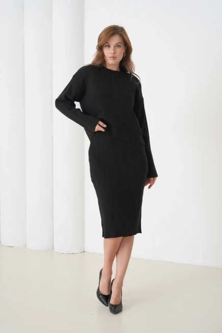 Kadın Bisiklet Yaka Dokulu Kazak Elbise İkili Triko Takım