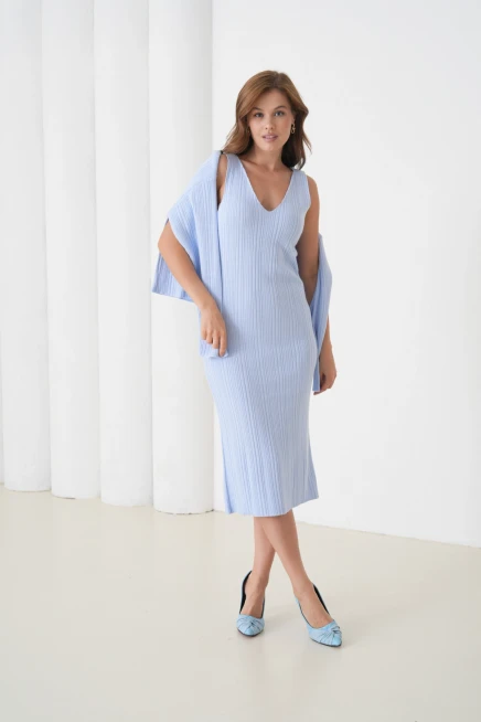 Kadın Bisiklet Yaka Dokulu Kazak Elbise İkili Triko Takım