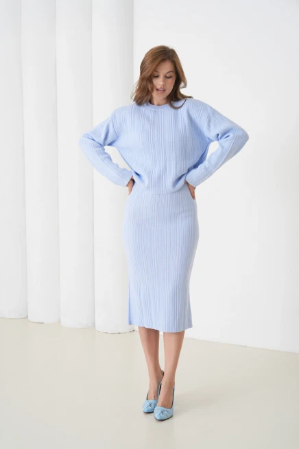 Kadın Bisiklet Yaka Dokulu Kazak Elbise İkili Triko Takım