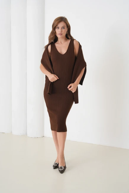 Kadın Bisiklet Yaka Dokulu Kazak Elbise İkili Triko Takım