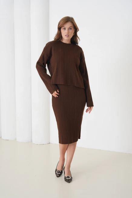 Kadın Bisiklet Yaka Dokulu Kazak Elbise İkili Triko Takım