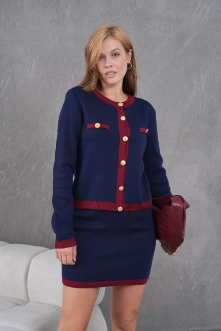 Kadın Bisiklet Yaka Düğme Detay Ceket Etek İkili Triko Takım