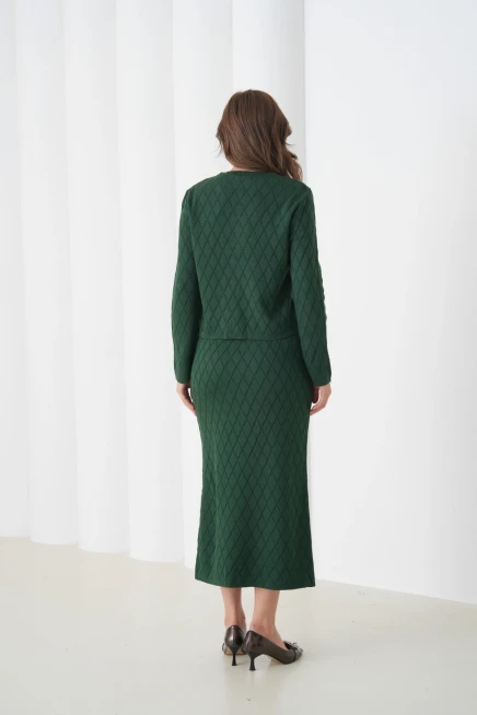 Kadın Bisiklet Yaka Düğme Detay Desenli Ceket Etek İkili Triko Takım