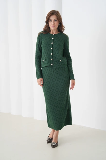 Kadın Bisiklet Yaka Düğme Detay Desenli Ceket Etek İkili Triko Takım