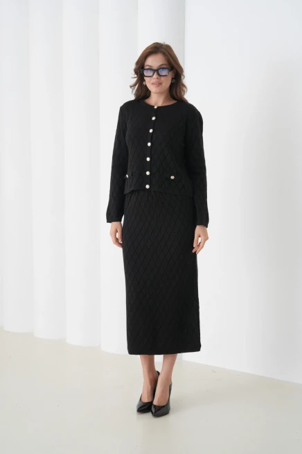 Kadın Bisiklet Yaka Düğme Detay Desenli Ceket Etek İkili Triko Takım