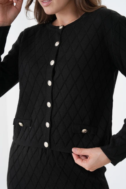 Kadın Bisiklet Yaka Düğme Detay Desenli Ceket Etek İkili Triko Takım