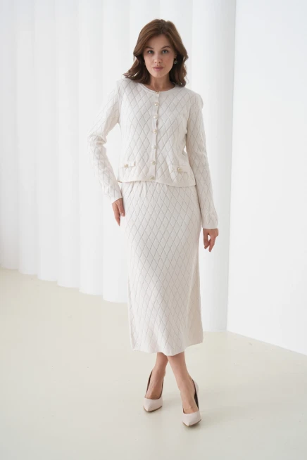 Kadın Bisiklet Yaka Düğme Detay Desenli Ceket Etek İkili Triko Takım