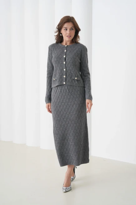 Kadın Bisiklet Yaka Düğme Detay Desenli Ceket Etek İkili Triko Takım