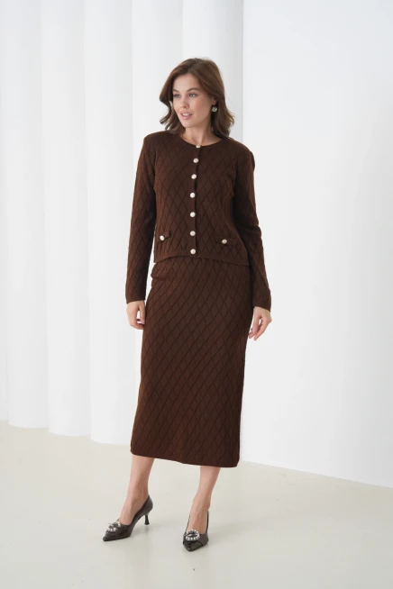 Kadın Bisiklet Yaka Düğme Detay Desenli Ceket Etek İkili Triko Takım