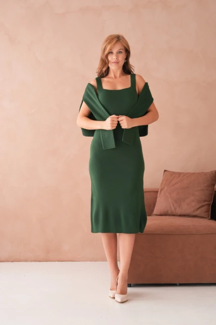 Kadın Bisiklet Yaka Düğme Detay Dokulu Ceket Elbise İkili Triko Takım