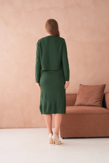 Kadın Bisiklet Yaka Düğme Detay Dokulu Ceket Elbise İkili Triko Takım