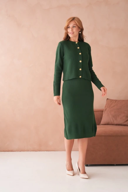 Kadın Bisiklet Yaka Düğme Detay Dokulu Ceket Elbise İkili Triko Takım