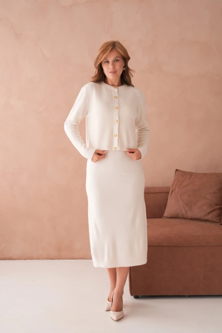 Kadın Bisiklet Yaka Düğme Detay Dokulu Ceket Elbise İkili Triko Takım