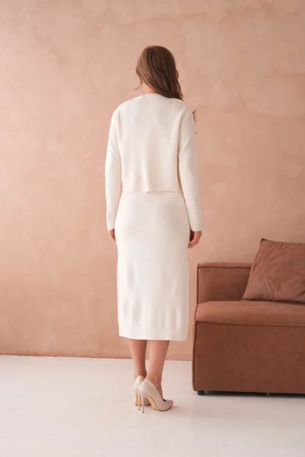 Kadın Bisiklet Yaka Düğme Detay Dokulu Ceket Elbise İkili Triko Takım