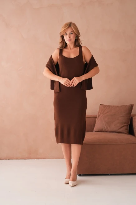 Kadın Bisiklet Yaka Düğme Detay Dokulu Ceket Elbise İkili Triko Takım