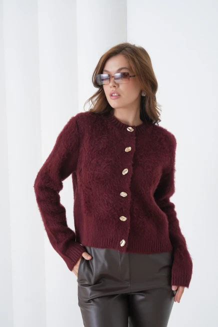 Kadın Bisiklet Yaka Düğme Detaylı Yumuşak Dokulu Şardonlu Triko Ceket