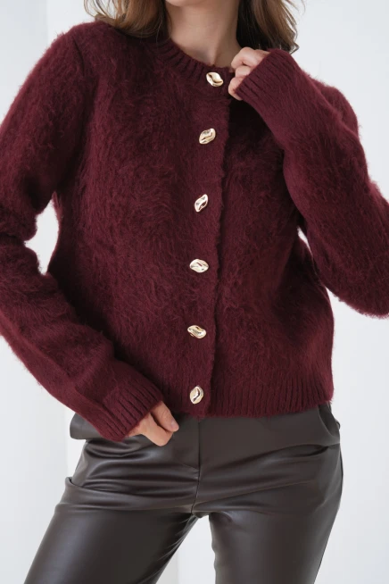 Kadın Bisiklet Yaka Düğme Detaylı Yumuşak Dokulu Şardonlu Triko Ceket