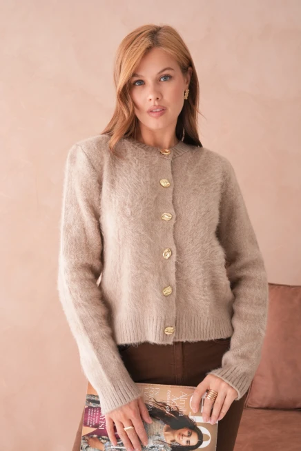 Kadın Bisiklet Yaka Düğme Detaylı Yumuşak Dokulu Şardonlu Triko Ceket