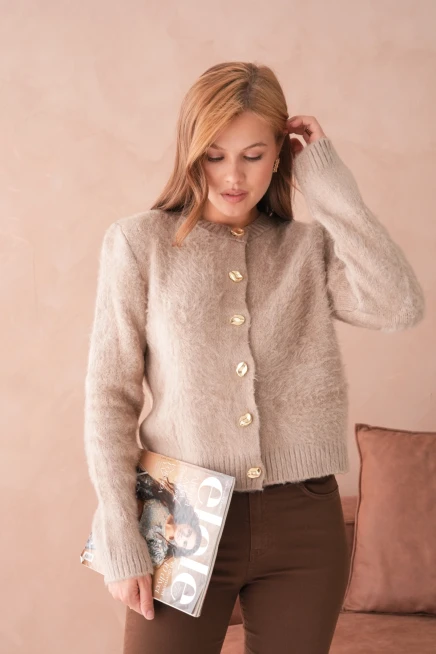 Kadın Bisiklet Yaka Düğme Detaylı Yumuşak Dokulu Şardonlu Triko Ceket