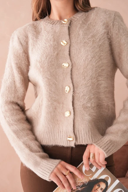 Kadın Bisiklet Yaka Düğme Detaylı Yumuşak Dokulu Şardonlu Triko Ceket