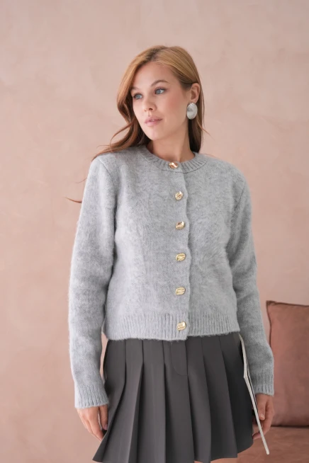 Kadın Bisiklet Yaka Düğme Detaylı Yumuşak Dokulu Şardonlu Triko Ceket