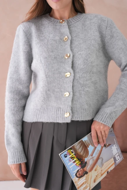 Kadın Bisiklet Yaka Düğme Detaylı Yumuşak Dokulu Şardonlu Triko Ceket