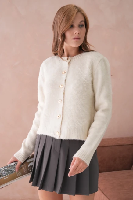 Kadın Bisiklet Yaka Düğme Detaylı Yumuşak Dokulu Şardonlu Triko Ceket