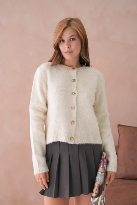 Kadın Bisiklet Yaka Düğme Detaylı Yumuşak Dokulu Şardonlu Triko Ceket