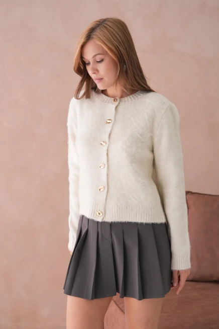 Kadın Bisiklet Yaka Düğme Detaylı Yumuşak Dokulu Şardonlu Triko Ceket