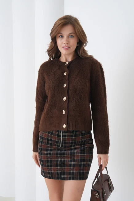 Kadın Bisiklet Yaka Düğme Detaylı Yumuşak Dokulu Şardonlu Triko Ceket