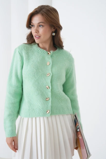 Kadın Bisiklet Yaka Düğme Detaylı Yumuşak Dokulu Şardonlu Triko Ceket