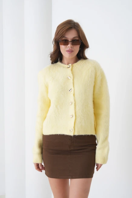 Kadın Bisiklet Yaka Düğme Detaylı Yumuşak Dokulu Şardonlu Triko Ceket