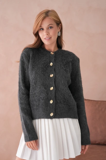 Kadın Bisiklet Yaka Düğme Detaylı Yumuşak Dokulu Şardonlu Triko Ceket