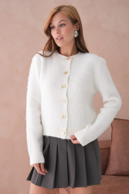 Kadın Bisiklet Yaka Düğme Detaylı Yumuşak Dokulu Şardonlu Triko Ceket