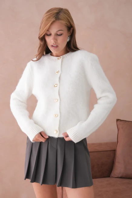 Kadın Bisiklet Yaka Düğme Detaylı Yumuşak Dokulu Şardonlu Triko Ceket