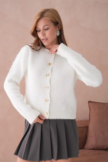 Kadın Bisiklet Yaka Düğme Detaylı Yumuşak Dokulu Şardonlu Triko Ceket