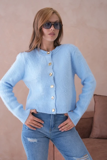 Kadın Bisiklet Yaka Düğme Detaylı Yumuşak Dokulu Şardonlu Triko Ceket