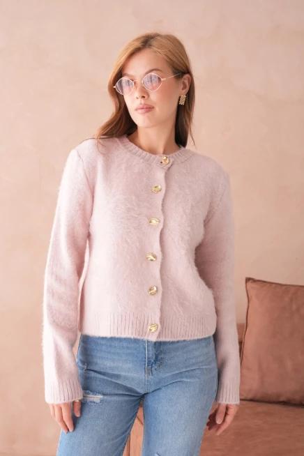 Kadın Bisiklet Yaka Düğme Detaylı Yumuşak Dokulu Şardonlu Triko Ceket