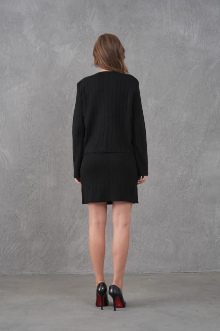 Kadın Bisiklet Yaka Düğme Kapama Ceket Etek İkili Triko Takım