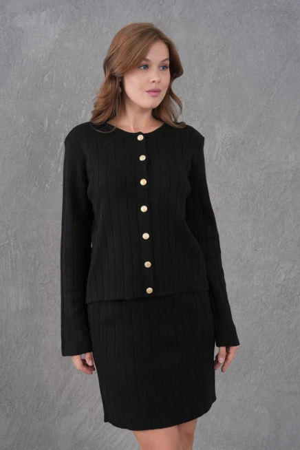 Kadın Bisiklet Yaka Düğme Kapama Ceket Etek İkili Triko Takım