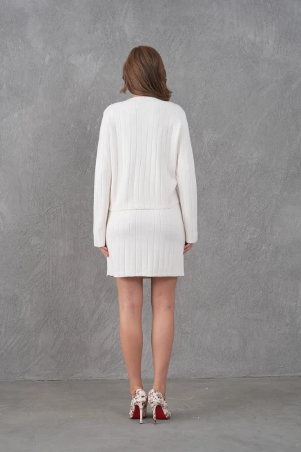 Kadın Bisiklet Yaka Düğme Kapama Ceket Etek İkili Triko Takım