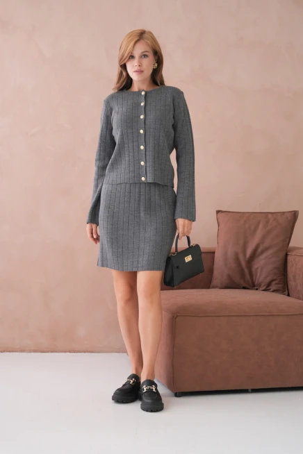 Kadın Bisiklet Yaka Düğme Kapama Ceket Etek İkili Triko Takım