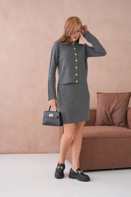 Kadın Bisiklet Yaka Düğme Kapama Ceket Etek İkili Triko Takım