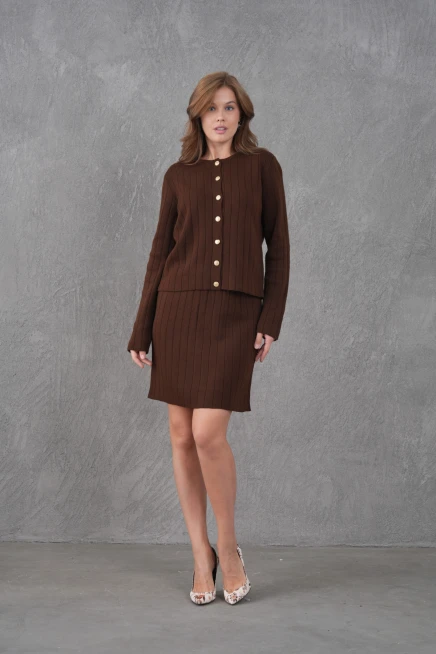 Kadın Bisiklet Yaka Düğme Kapama Ceket Etek İkili Triko Takım